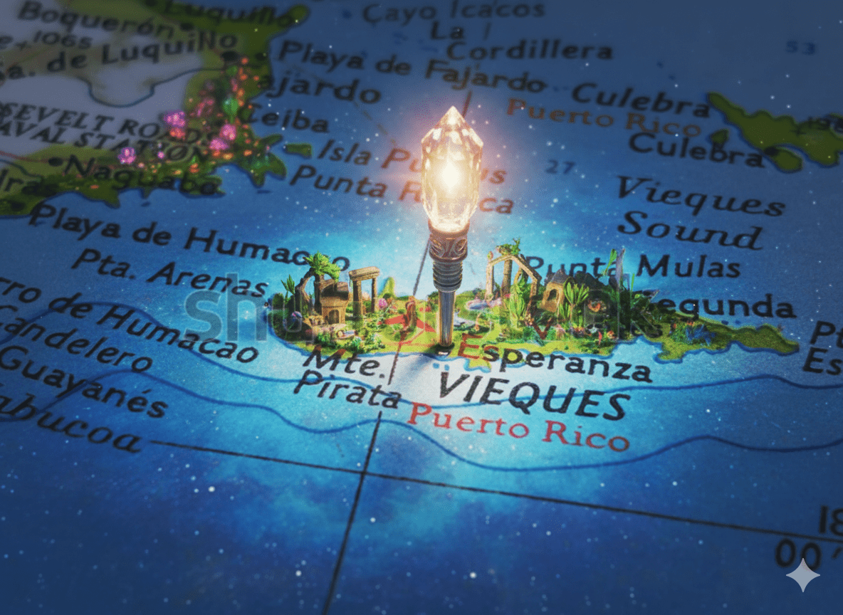 Illustrated map of Vieques, Puerto Rico highlighting the island’s location in the Caribbean